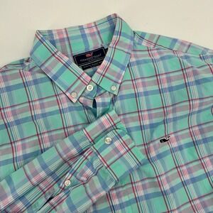 Vineyard Vines Aqua and Pink Plaid Button Down Shirt